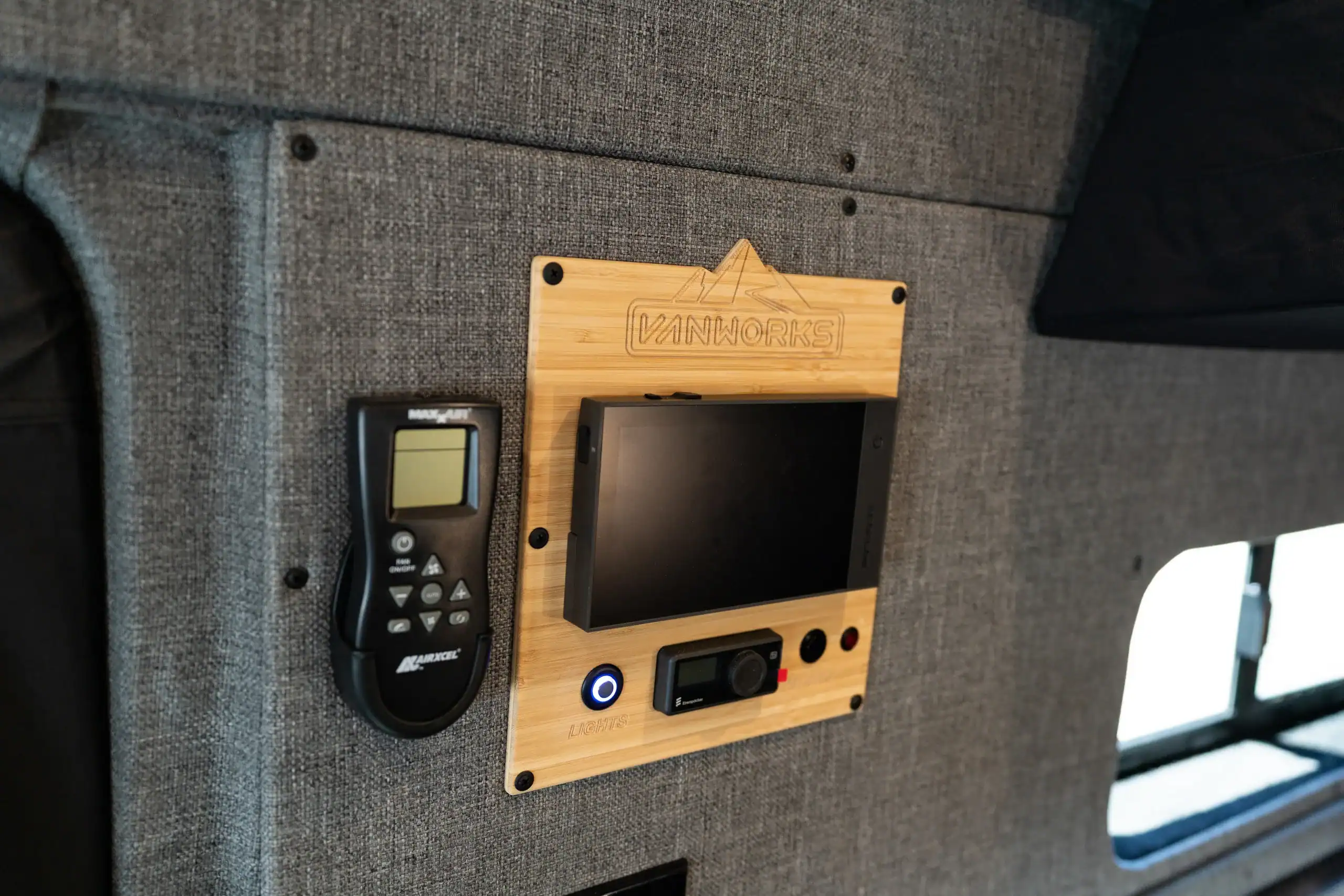 Interior view of Vanworks 2026 Switchback S4 Transit with monitor and control panel.